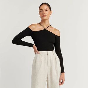 DISSH Gianna Black rib knit off the shoulder top